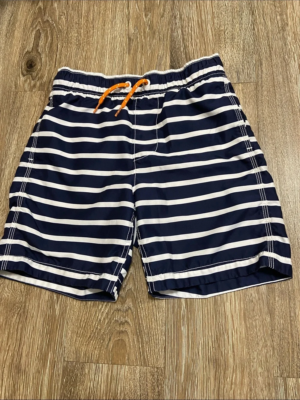 GAP Navy and White Striped Kids Swim Trunks with Orange Drawstring